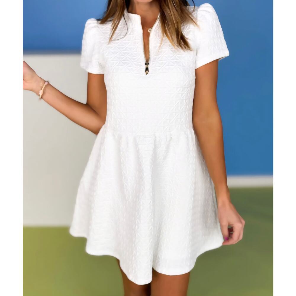SSYS The Label Lainey Textured Mini Dress Ivory White Puff Sleeve Size L